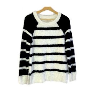 Loft Mohair Fuzzy Striped Pullover Sweater Long Sleeves Black White Sz S